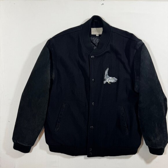 Vtg Varsity Bomber Jacket Eagle Embroidered Black Suede Wool 42 44 L Y2K Retro - Picture 11 of 14